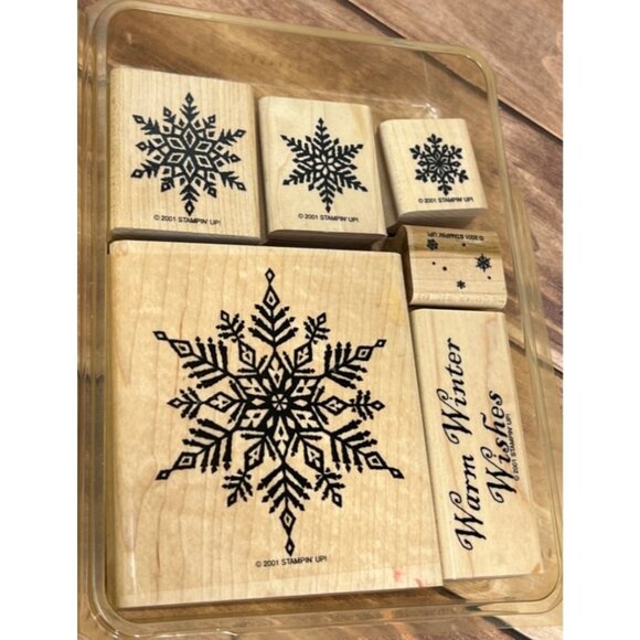 2001 STAMPIN' UP! SNOWFLAKES WOOD MOUNTED RUBBER STAMP SET OF 6 WINTER WISHES - Picture 1 of 5